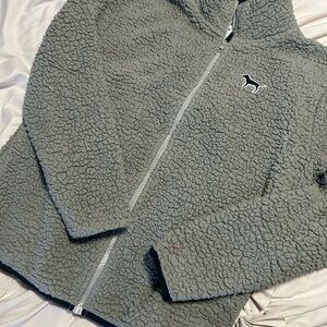 PINK fuzzy jacket w vs pink dog logo detail. Size XS